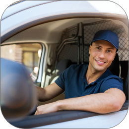 Delivery man sitting in a delivery van